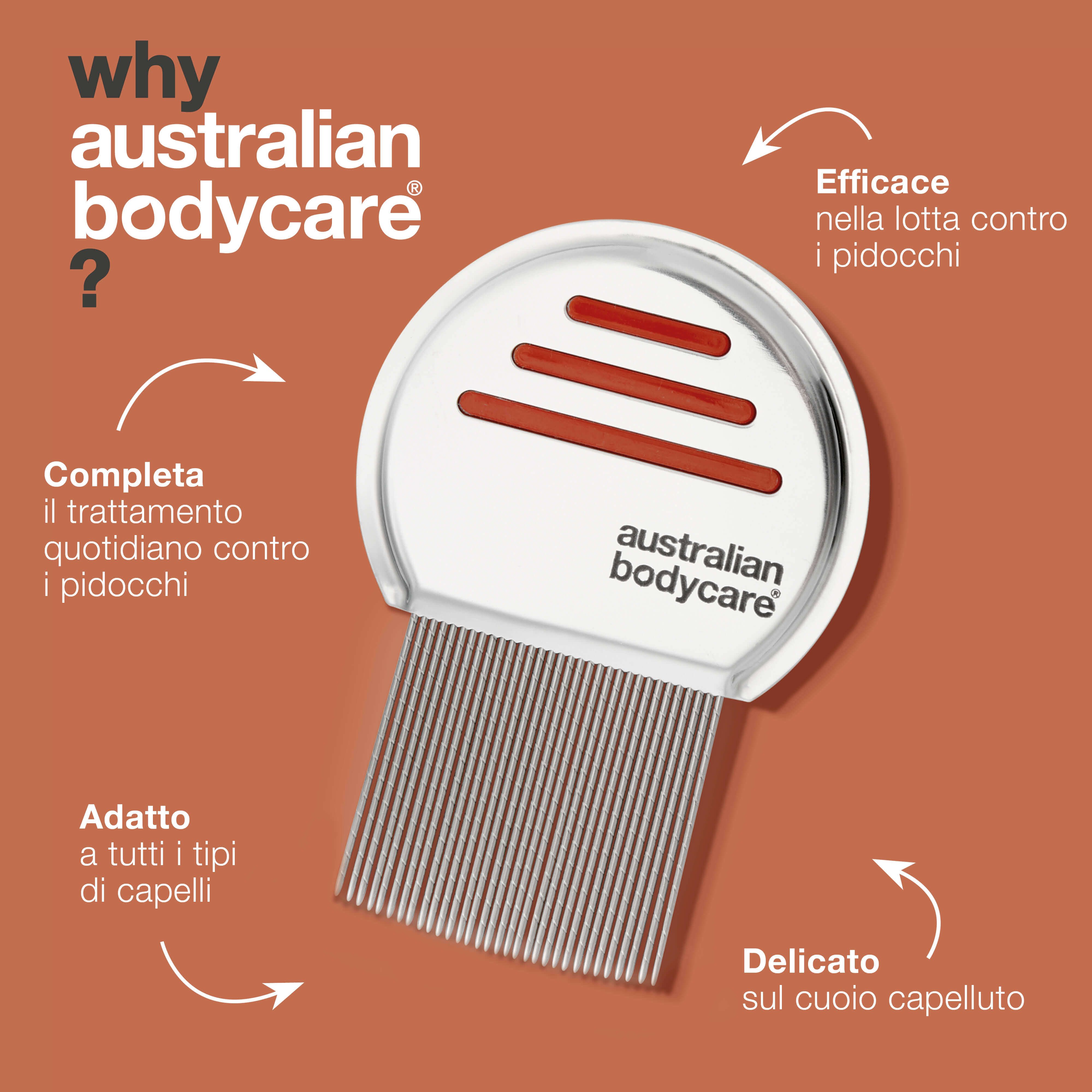 Pettine per pidocchi con testo: Australian Bodycare. Testo: Perché Australian Bodycare? Adatto a tutti i capelli.