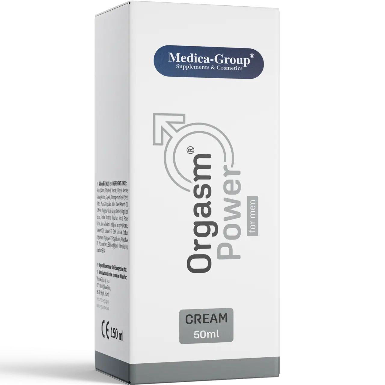 Scatola bianca con scritta: Orgasm Power for men, crema. Marchio: Medica-Group. Contiene un simbolo maschile.