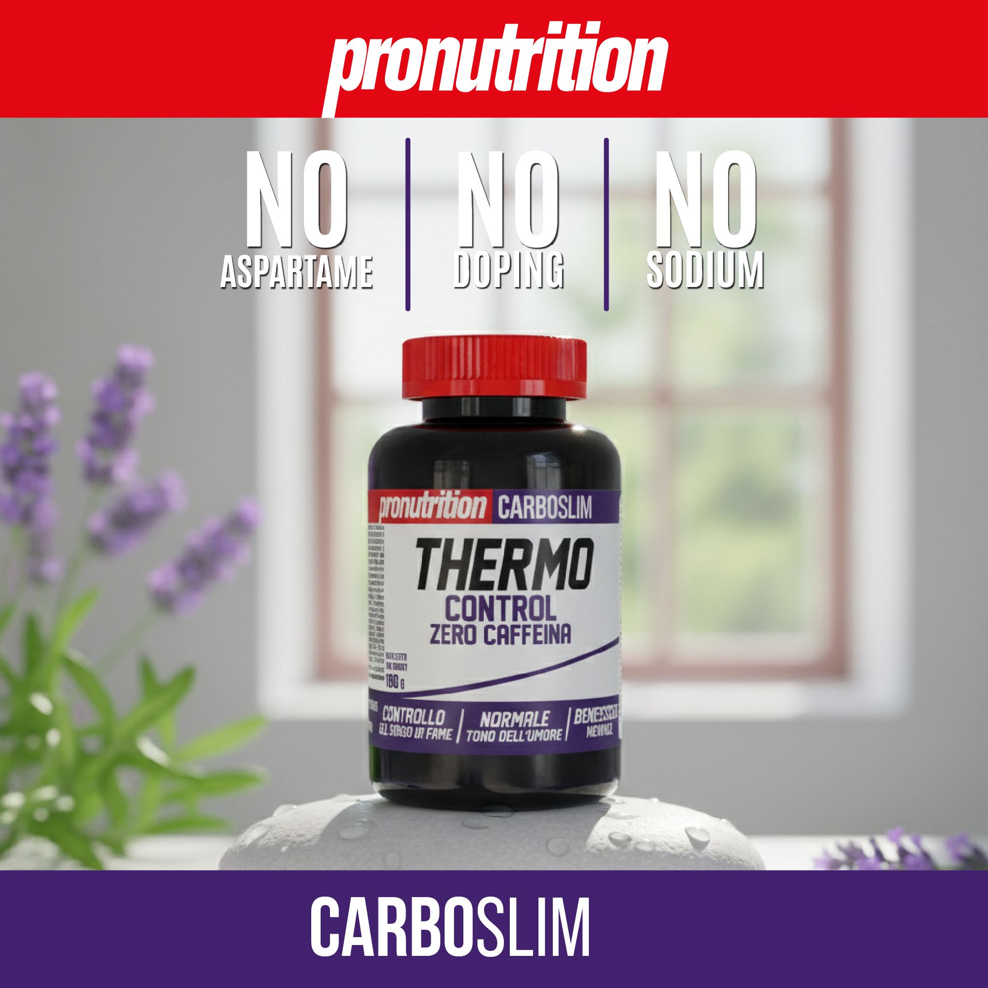 Flacone nero con tappo rosso. Scritta: Thermo Control Zero Caffeine. Con scritta: NO ASPARTAME, DOPING, SODIUM.