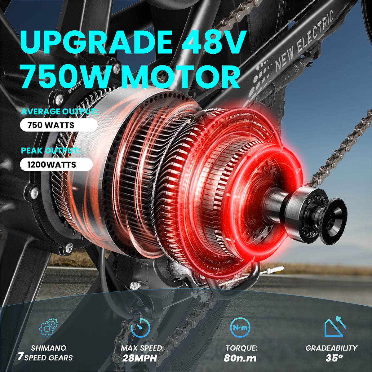 Primo piano del motore di una e-bike. Dettagli su potenza e trasmissione. Shimano 7 marce, velocità max 28MPH.