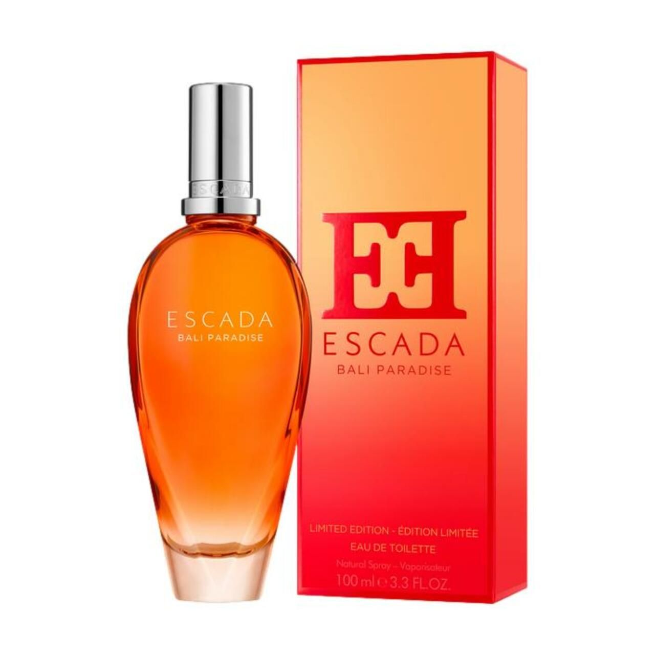Flacone e confezione arancioni. Scritta: ESCADA BALI PARADISE. Edizione limitata.