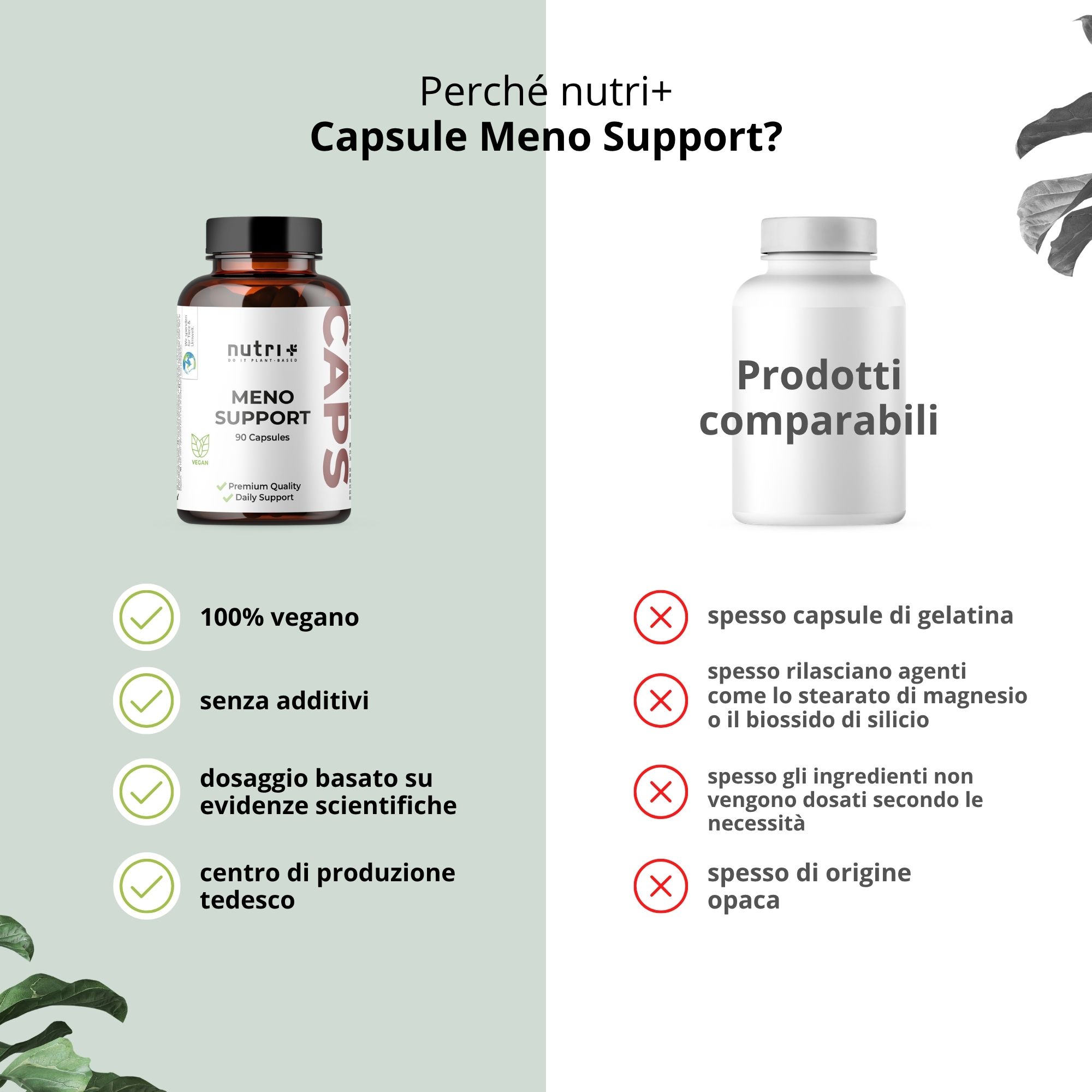 Confronto: Capsule Meno Support (vegane, senza additivi) vs prodotti comparabili (gelatina, additivi).