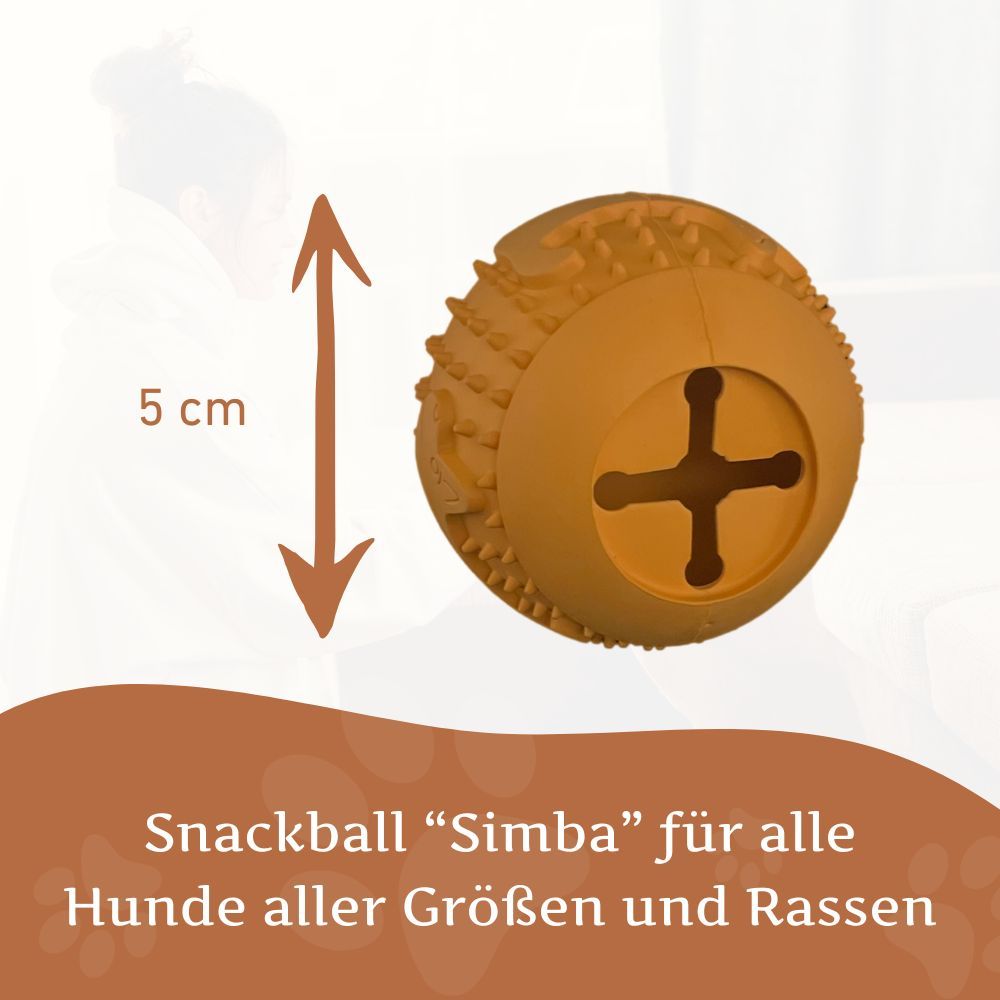 Palla snack arancione con borchie e fessura a croce. 5 cm di altezza. Testo: Palla snack per tutti i cani.
