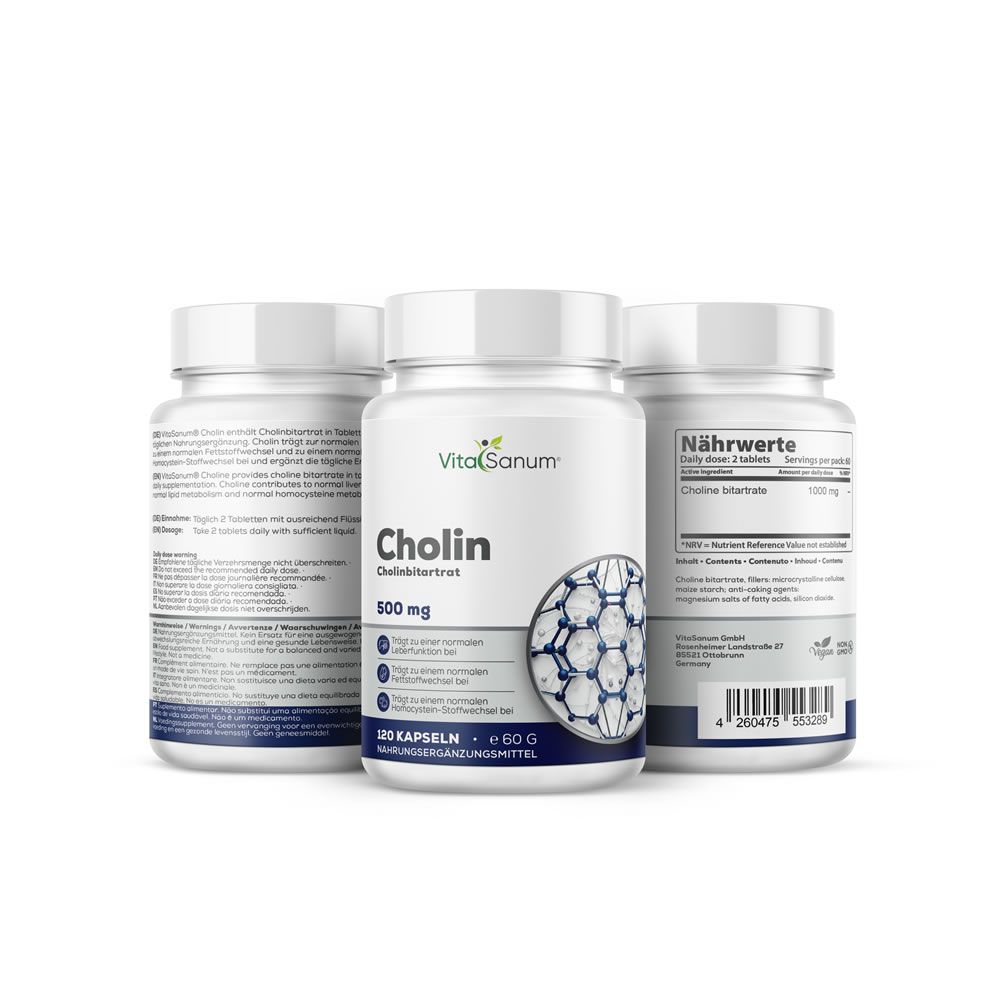 Tre flaconi bianchi con etichette. Uno reca "VitaSanum Cholin". Scritta: 120 capsule, 500 mg di bitartrato di colina.