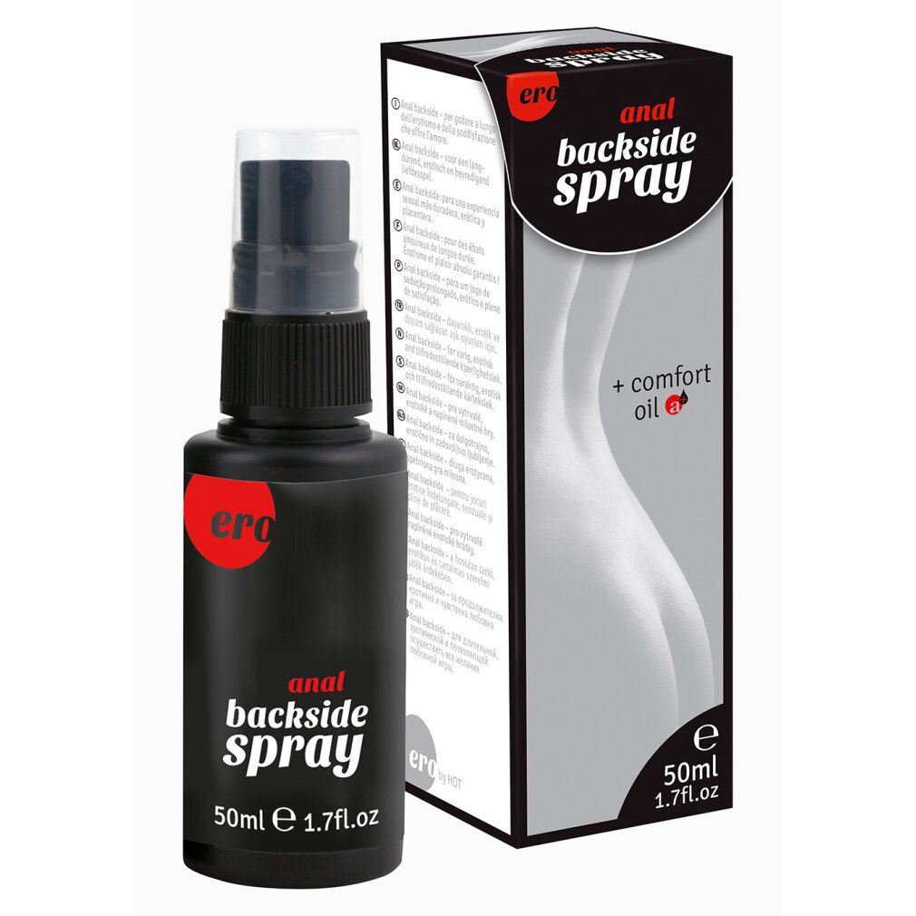 Flacone spray nero Ero Anal Backside Spray, 50ml. Accanto, la confezione con illustrazione del fondoschiena.