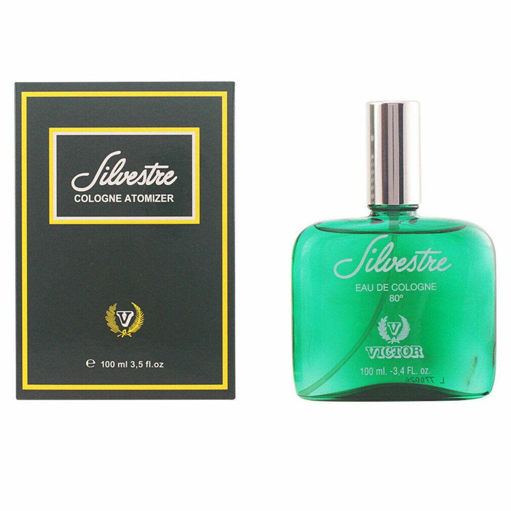Flacone in vetro verde e scatola. Scritta Silvestre Eau de Cologne 80°. Scatola nera con cornice gialla e logo.