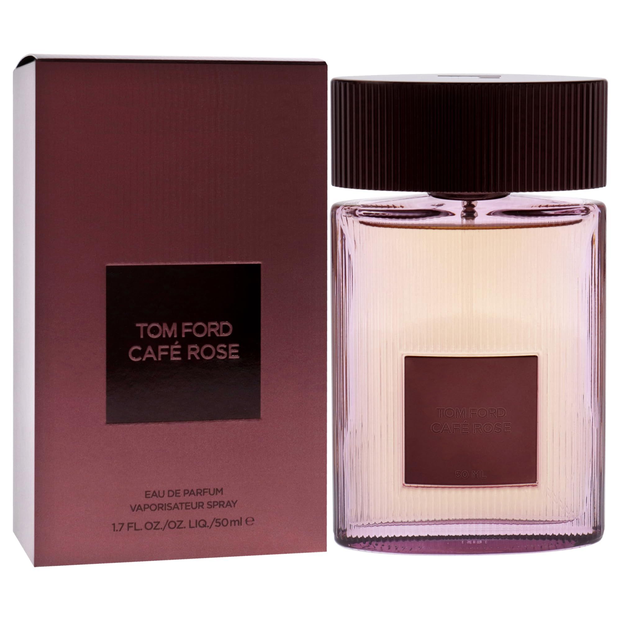 Flacone di profumo e confezione. Flacone con tappo marrone ed etichetta rettangolare. Confezione con logo e testo.