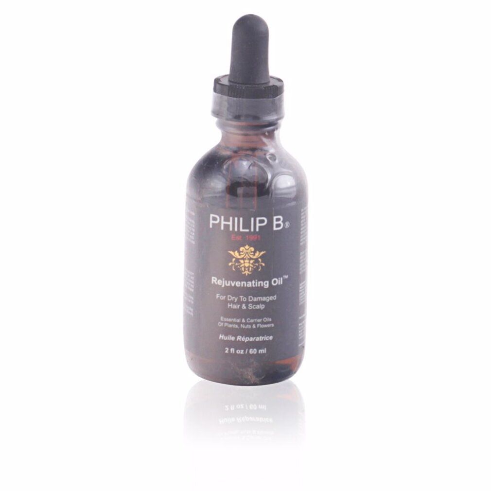 Flacone di vetro marrone con contagocce. Scritta: Philip B. Rejuvenating Oil. Per capelli secchi e danneggiati e cuoio capelluto. 2 fl oz / 60 ml.