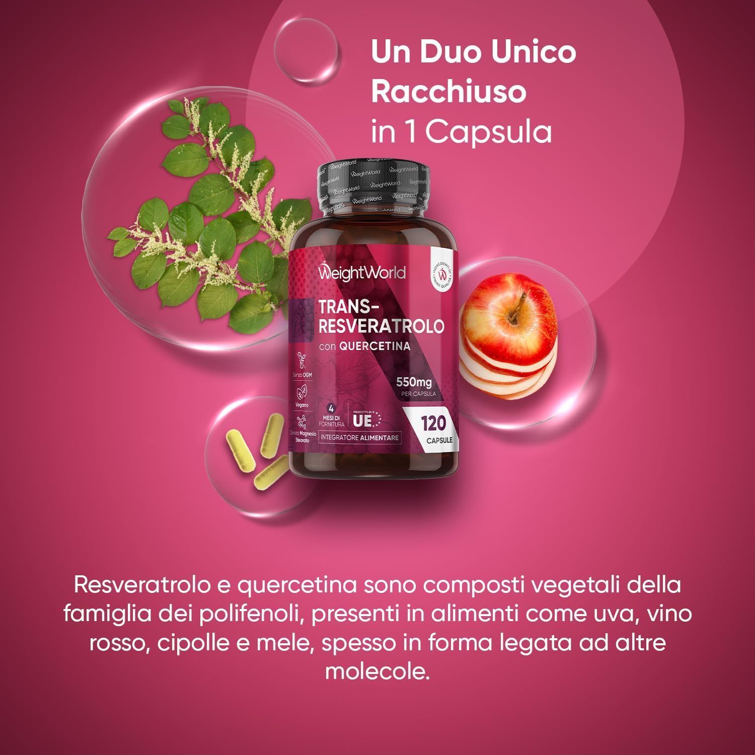 Immagine del prodotto con ingredienti. Flacone Trans-Resveratrolo. Capsule, foglie, mela. Testo: Un Duo Unico Racchiuso in 1 Capsula.