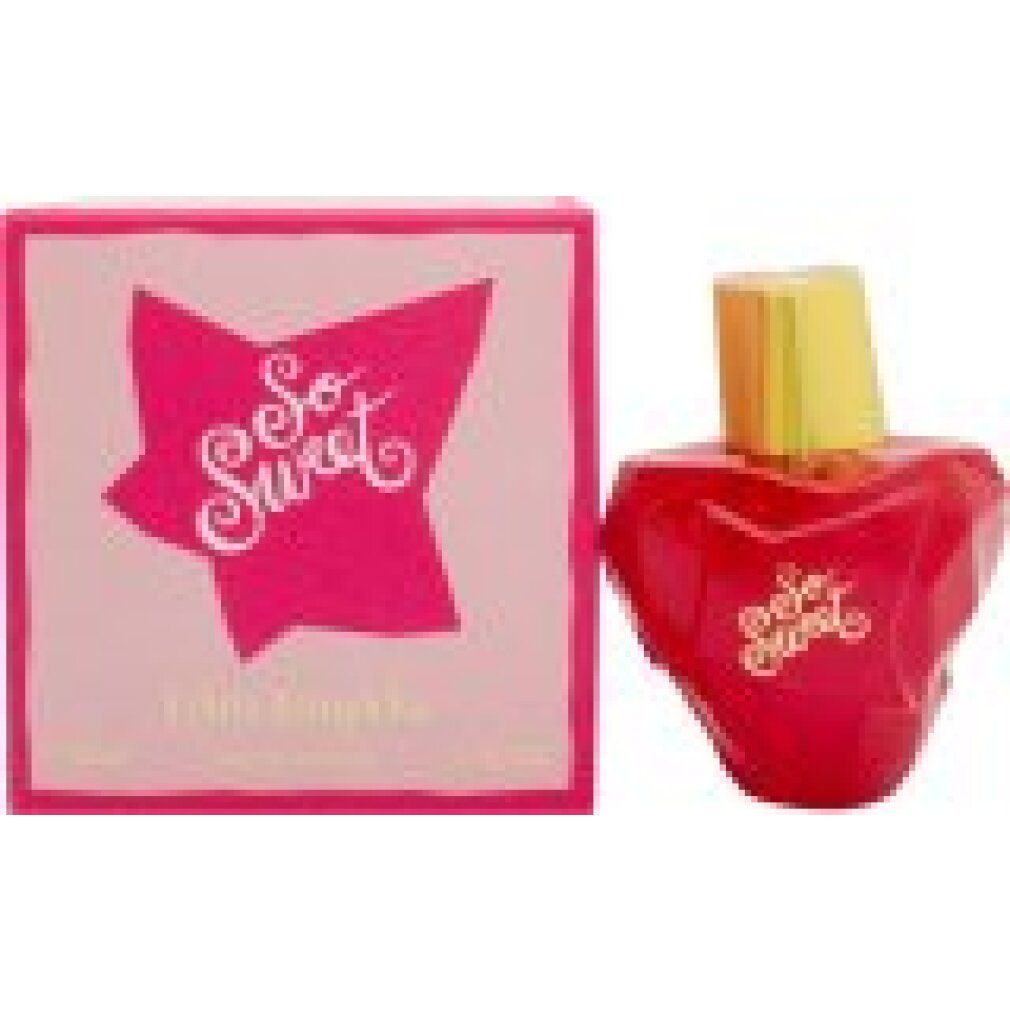 Scatola rosa con "So Sweet" e stella. Flacone rosso a forma di cuore. Marchio: Lolita Lempicka.