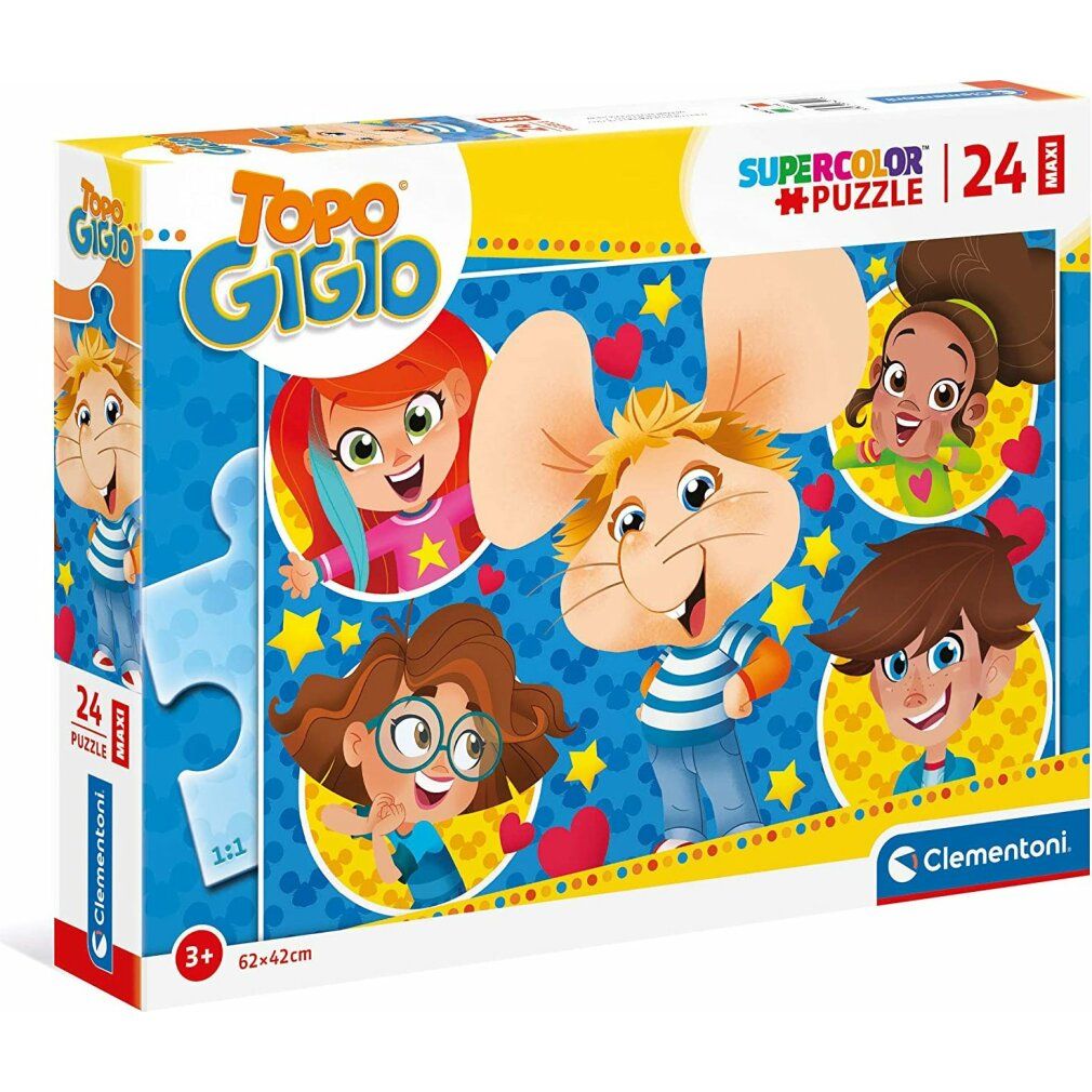 Scatola puzzle Clementoni Topo Gigio. 24 pezzi, Maxi. Immagine di Topo Gigio e bambini. Età consigliata 3+.