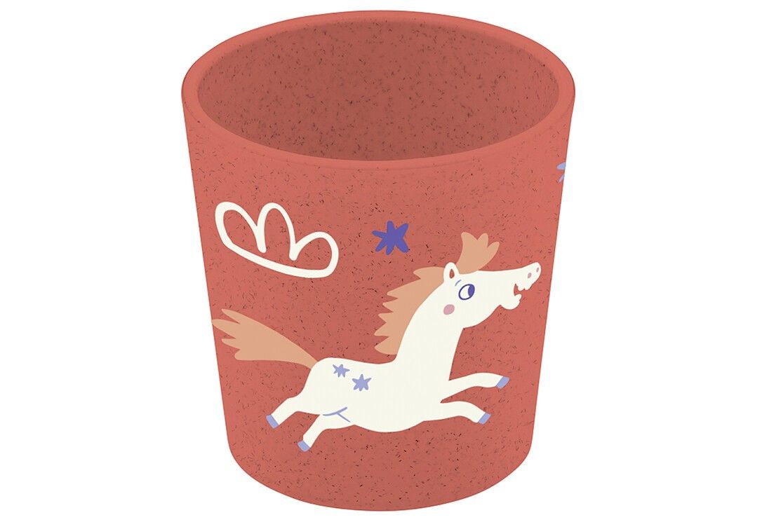 Bicchiere rosso con illustrazione di unicorno. Parte del set KOZIOL 'Dreams'. Forma cilindrica.