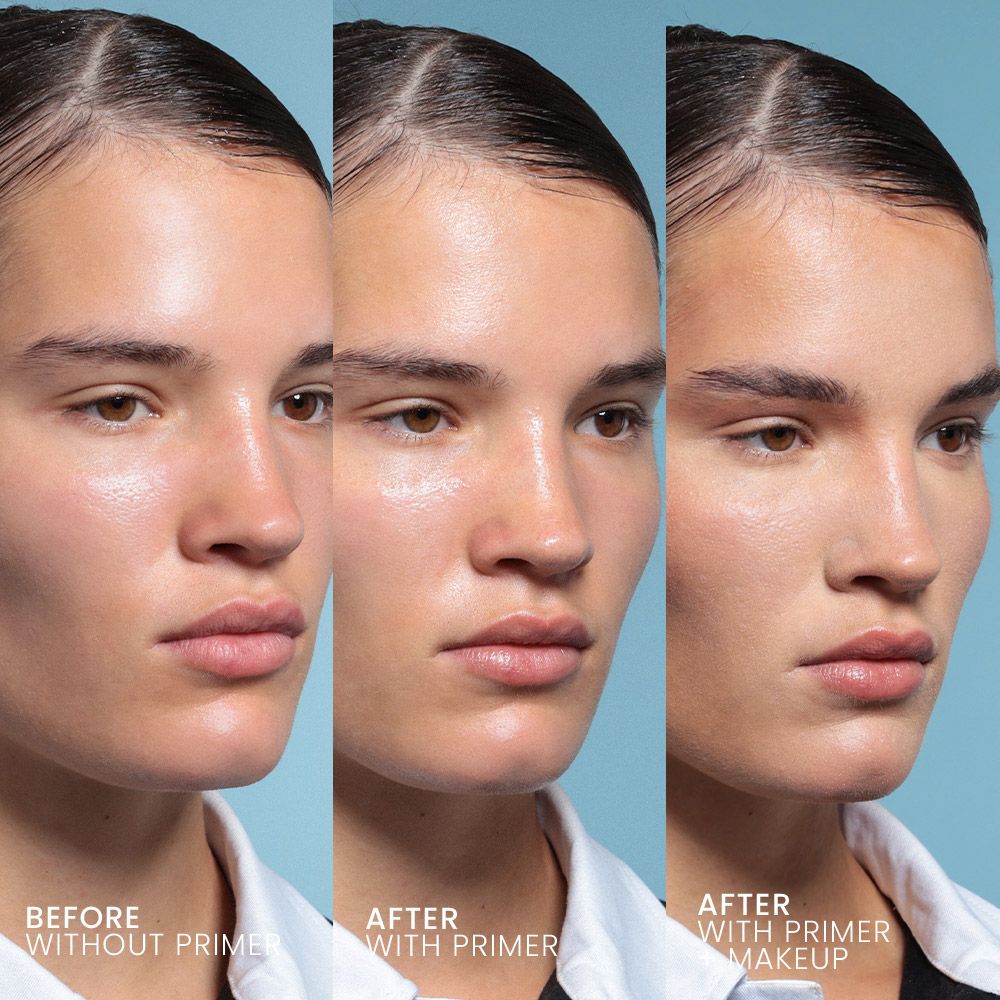 Tre volti di una donna. Sinistra: senza primer. Centro: con primer. Destra: con primer e trucco. Tutti hanno uno sfondo azzurro.