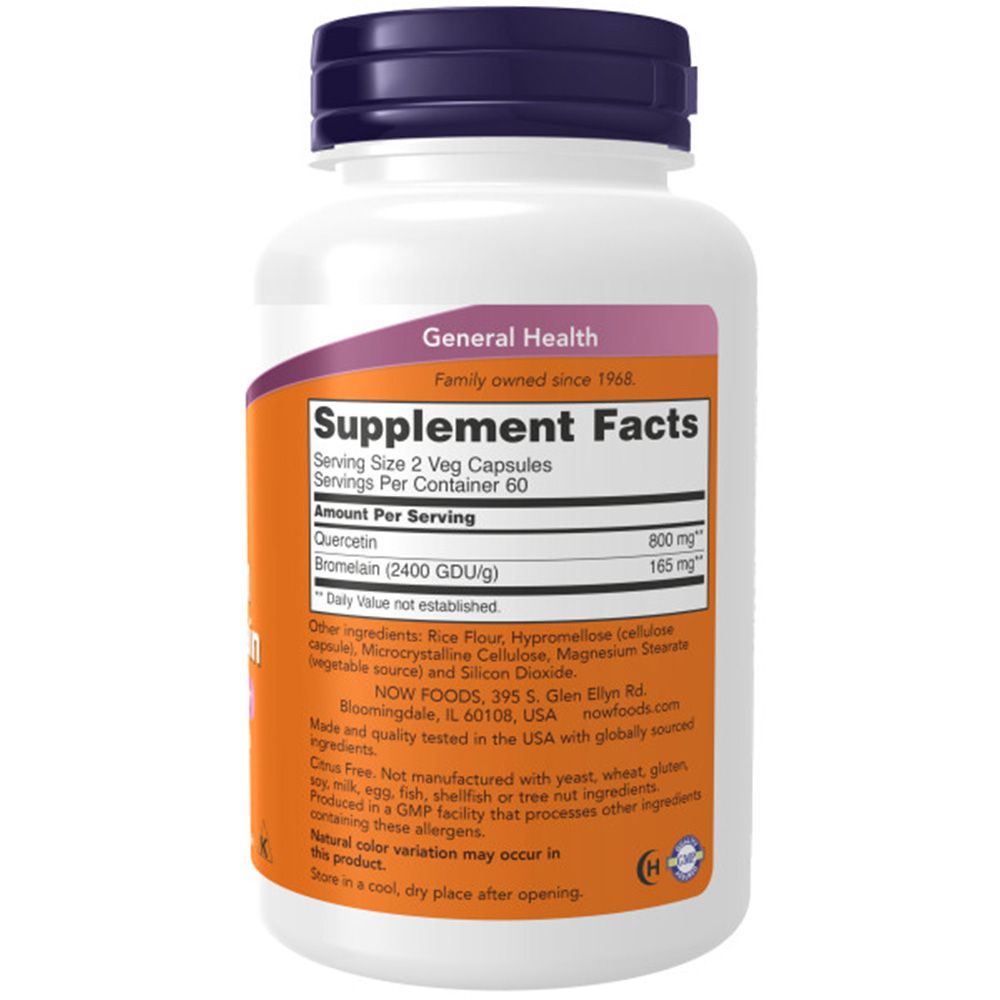 Flacone di integratori, etichetta Supplement Facts con Quercetina e Bromelina.