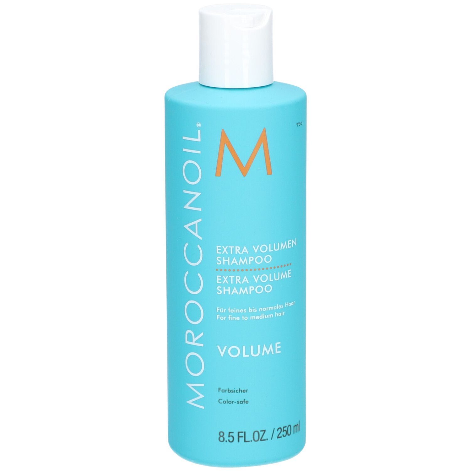Flacone turchese Moroccanoil Extra Volume Shampoo con tappo a scatto bianco. 250 ml.