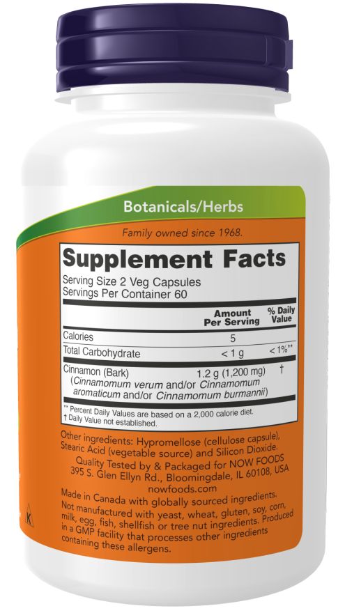 Retro del flacone. Scritta: Supplement Facts, Cannella (Cinnamon). Contiene 2 capsule vegetali. Ingredienti e informazioni nutrizionali. Prodotto negli USA.