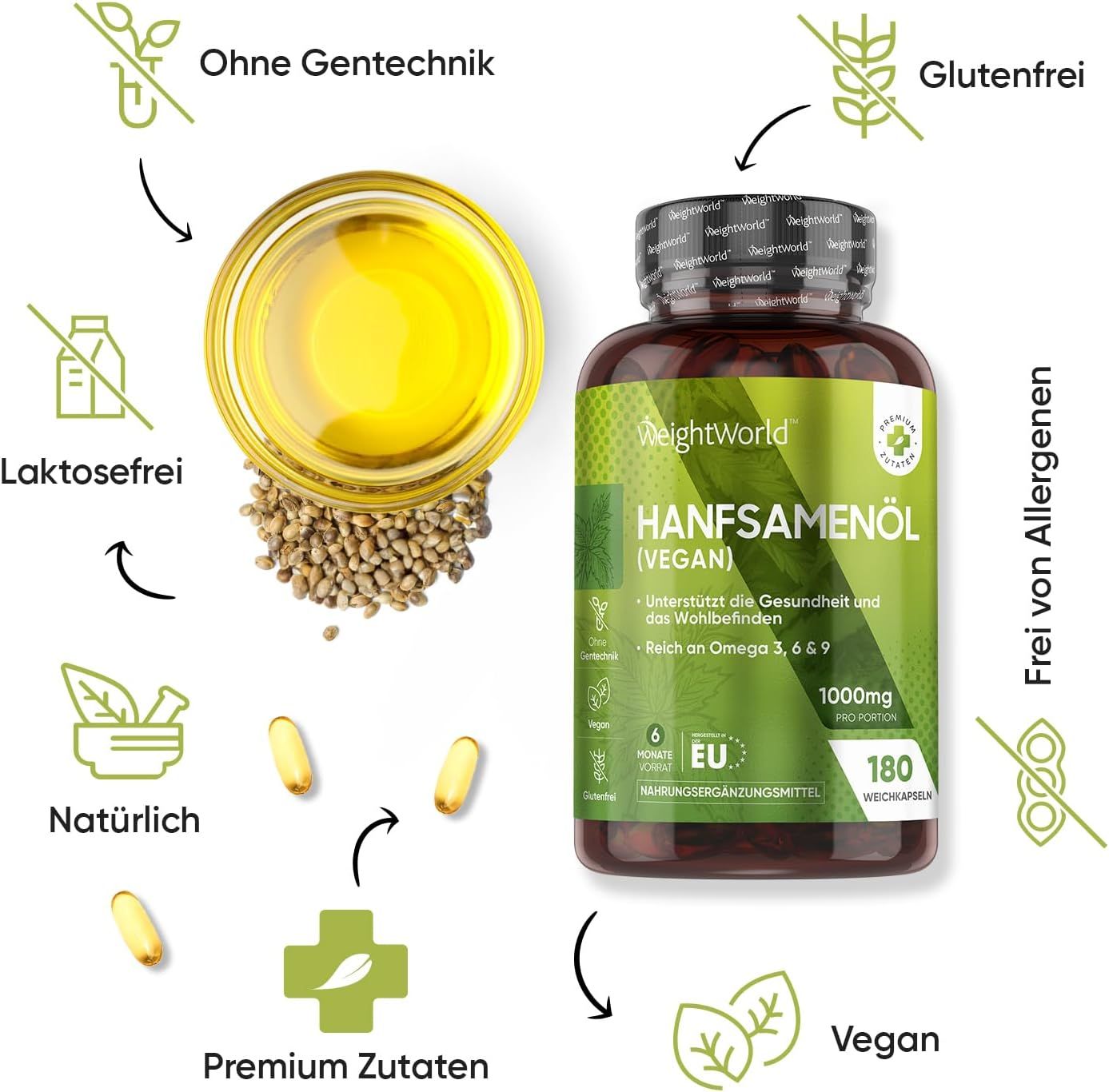 Immagine del prodotto con ingredienti e capsule. Testo: Olio di semi di canapa (Vegano). Icone: Senza OGM, Senza glutine, Senza lattosio, Vegano.