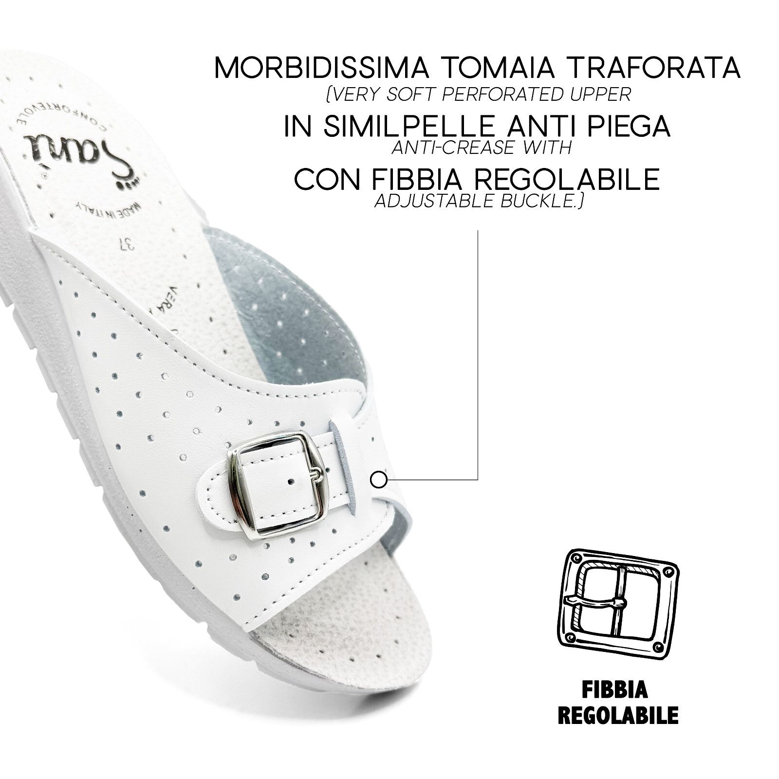 Primo piano di sandalo bianco con fibbia regolabile. Tomaia traforata in similpelle. Testo: "Fibbia Regolabile".