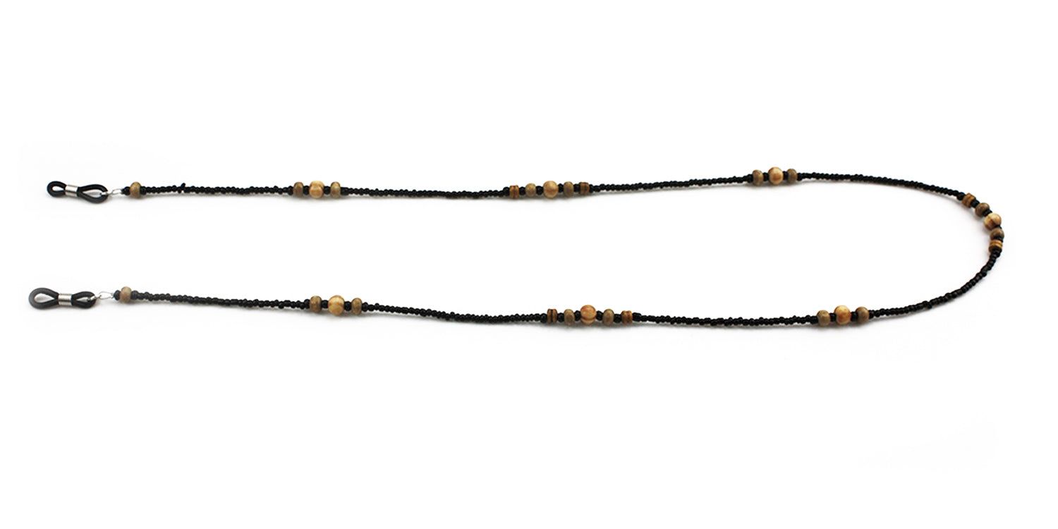 Catenina per occhiali con perline nere e perline di legno. Anelli metallici per il fissaggio agli occhiali.