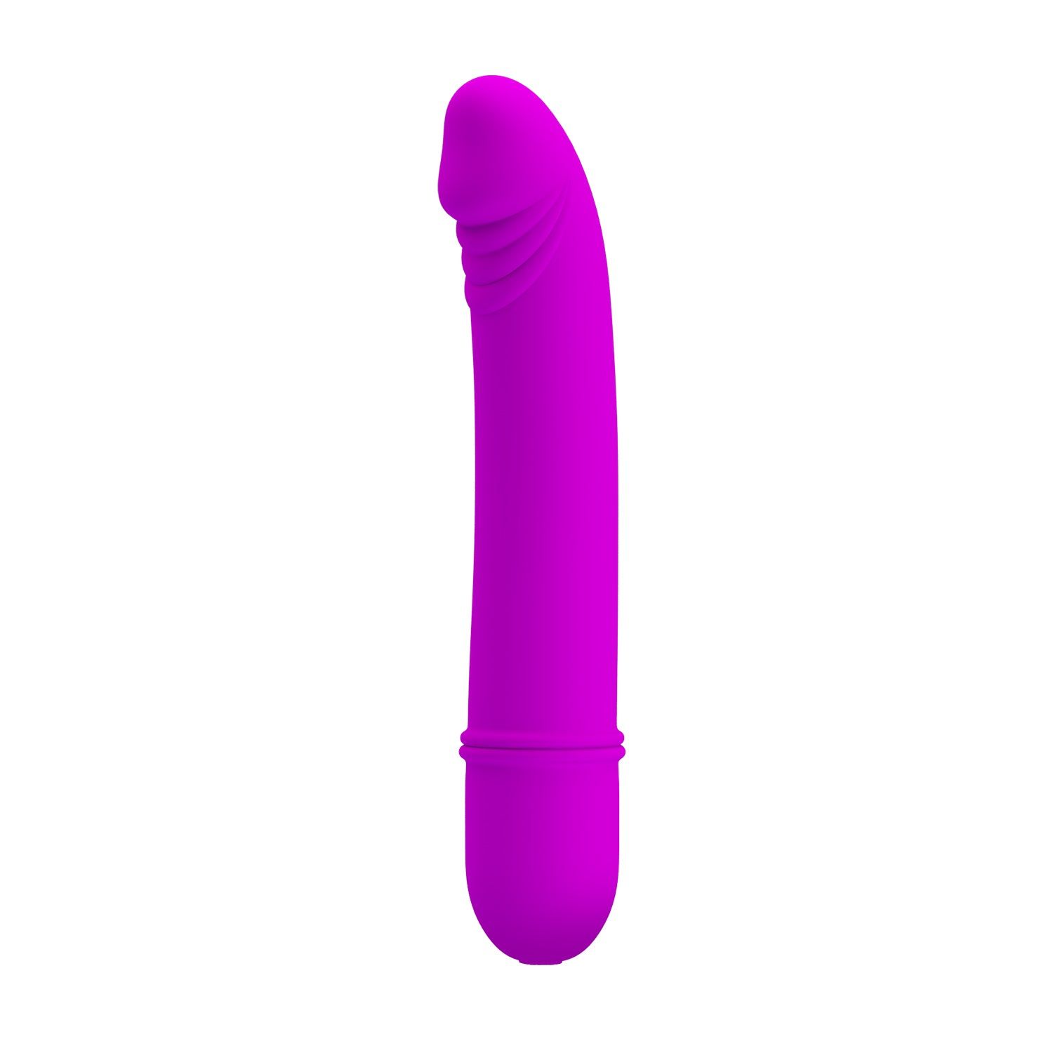 Vibratore viola curvo. Parte superiore con texture. Base arrotondata.