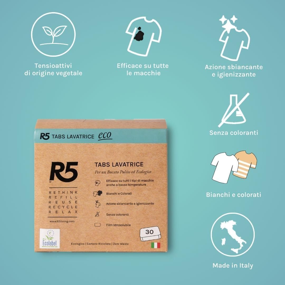 Confezione in cartone di pastiglie lavatrice. Testo: Tensioattivi di origine vegetale, logo Ecolabel, 30 pastiglie, Made in Italy.