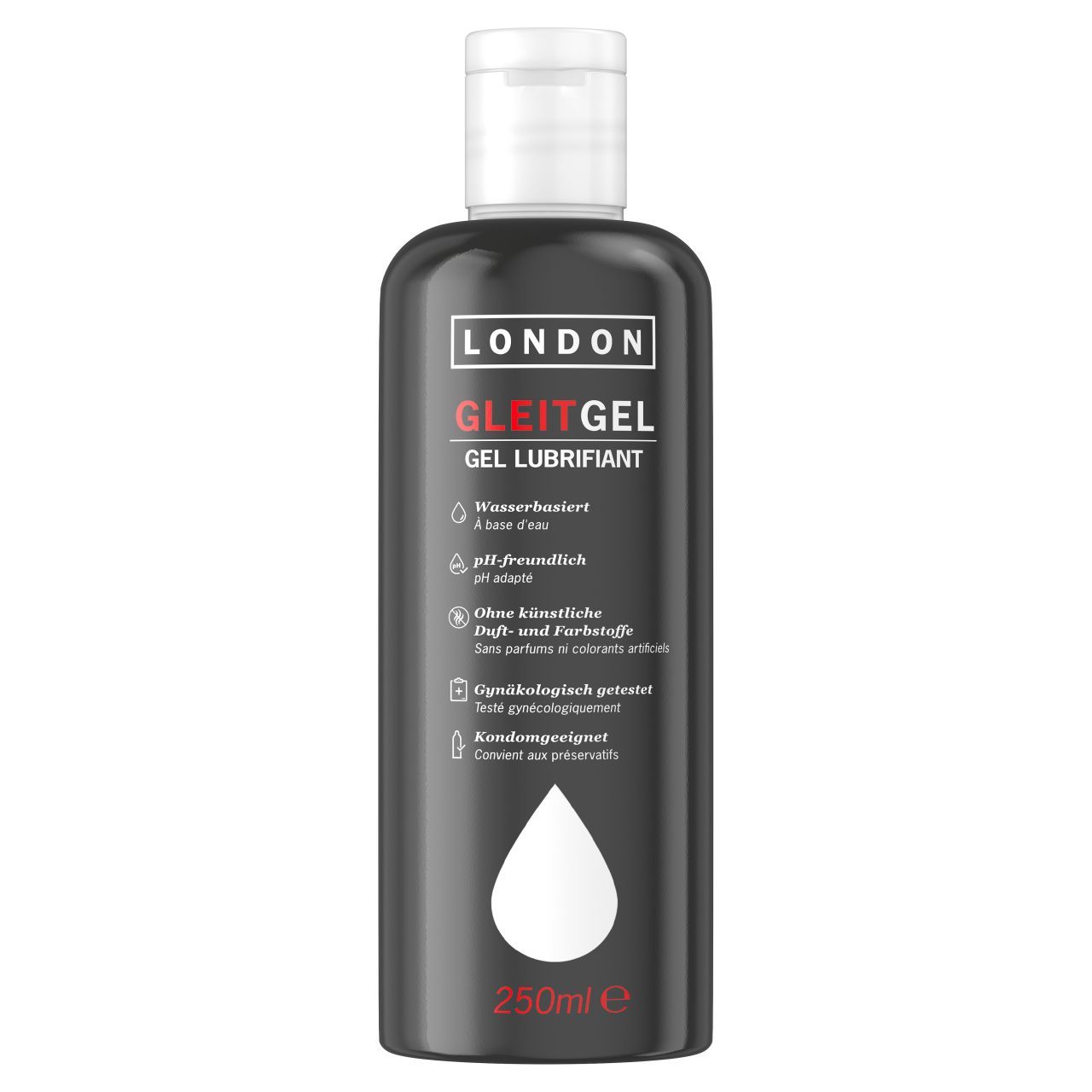 Flacone London Gleitgel, 250ml, nero con tappo bianco. A base d'acqua, pH neutro, senza profumi e coloranti artificiali.