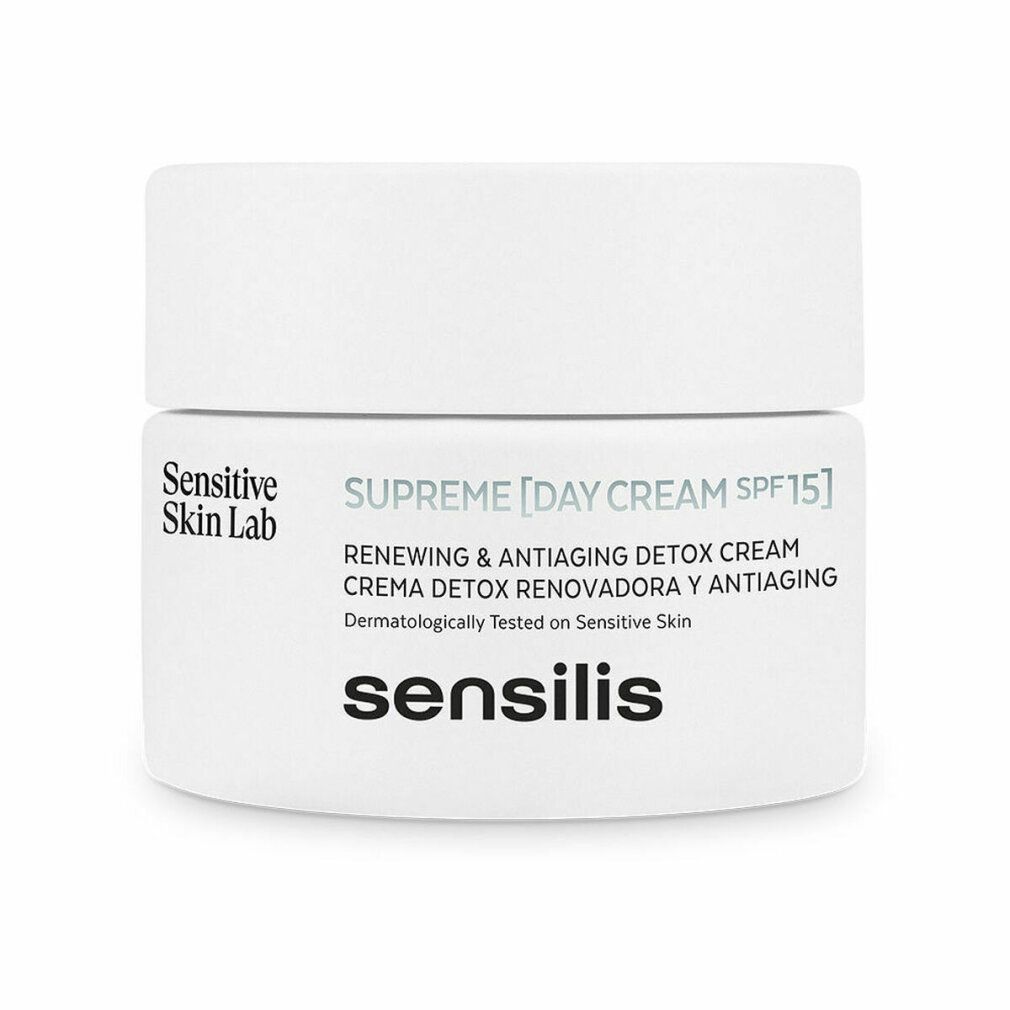 Vasetto bianco con scritta Sensilis, Supreme Day Cream SPF15, e testo per pelli sensibili.
