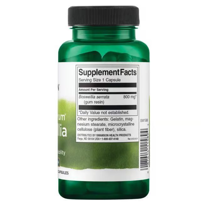 Retro di un flacone verde. Etichetta con informazioni nutrizionali: Boswellia serrata 800 mg.