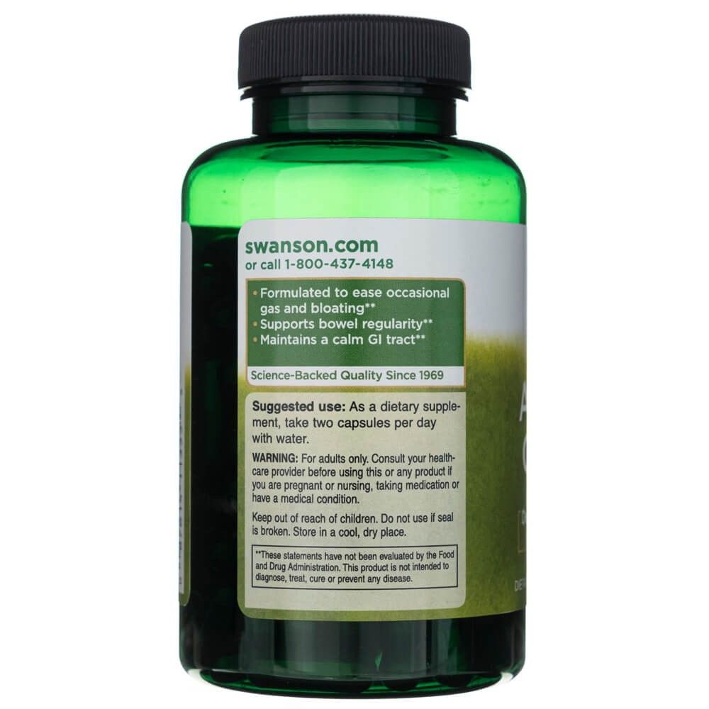 Retro di un flacone verde di carbone attivo Swanson con istruzioni per l'uso e benefici del prodotto.