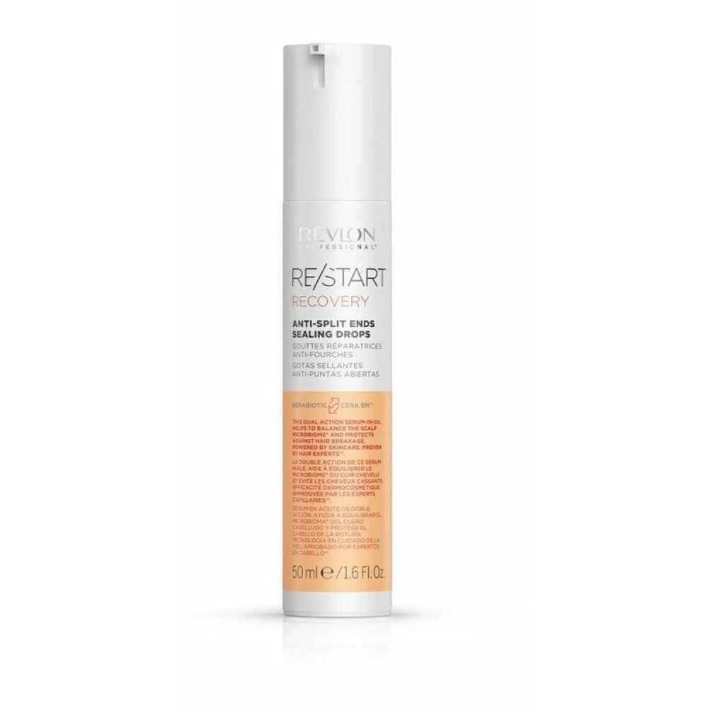 Flacone bianco-beige con scritta RE/START RECOVERY. Anti-Split Ends Sealing Drops. 50ml/1.6 fl.oz.