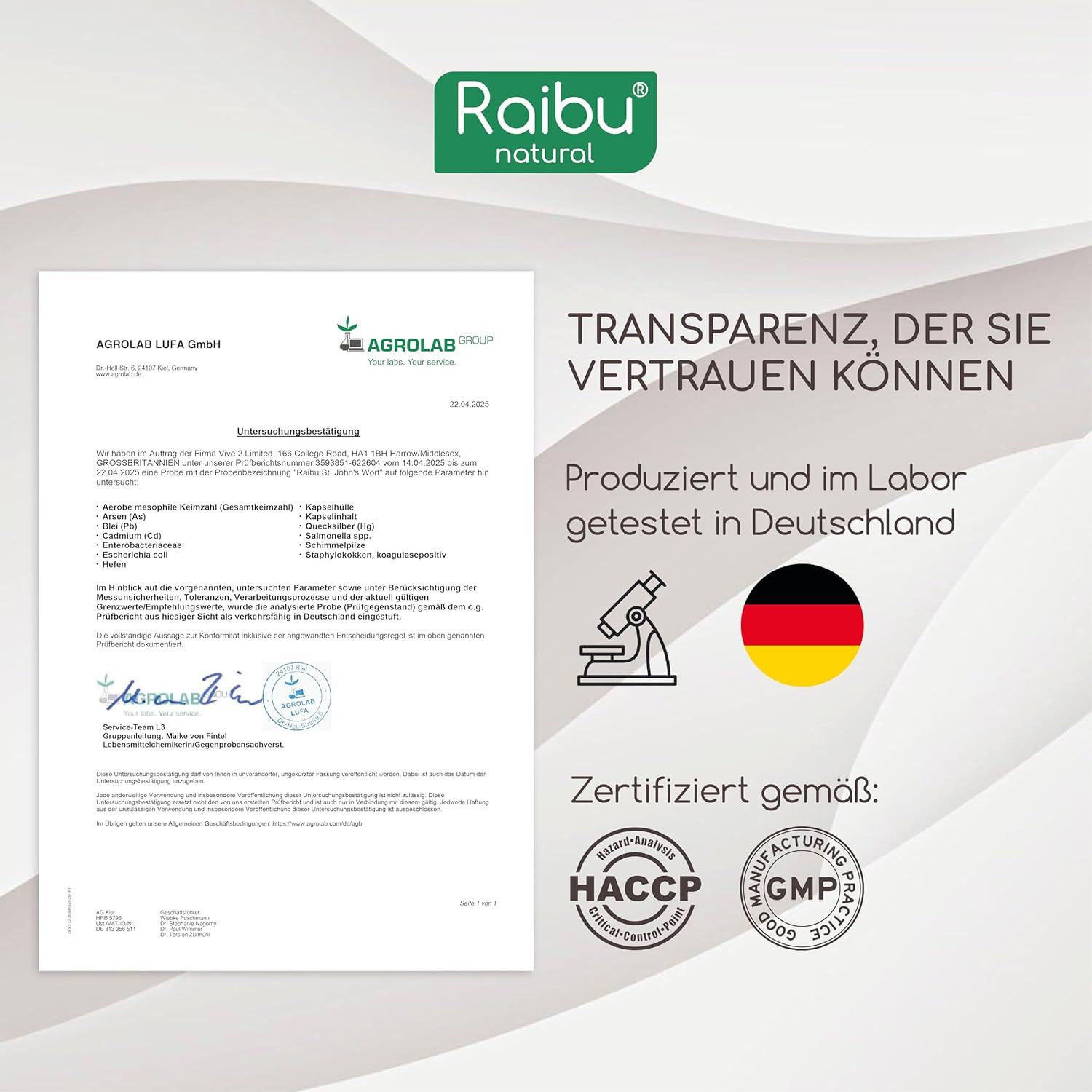 Documenti di certificazione con i loghi HACCP e GMP. Testo: Prodotto e testato in laboratorio in Germania.