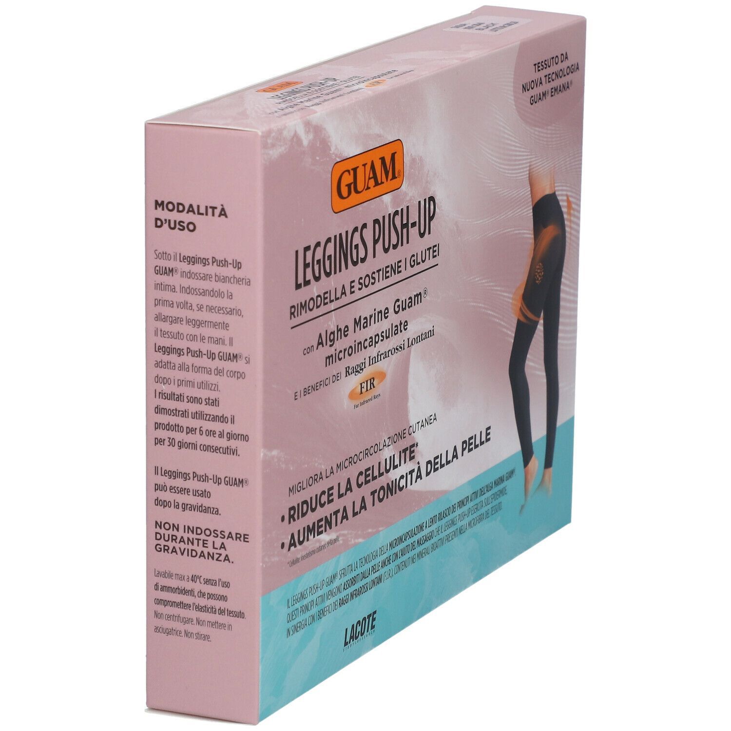 Confezione GUAM® Leggings Push-Up, vista laterale. Testo: 'Rimodella e sostiene i glutei'. Certificazione 'Made in Green'.