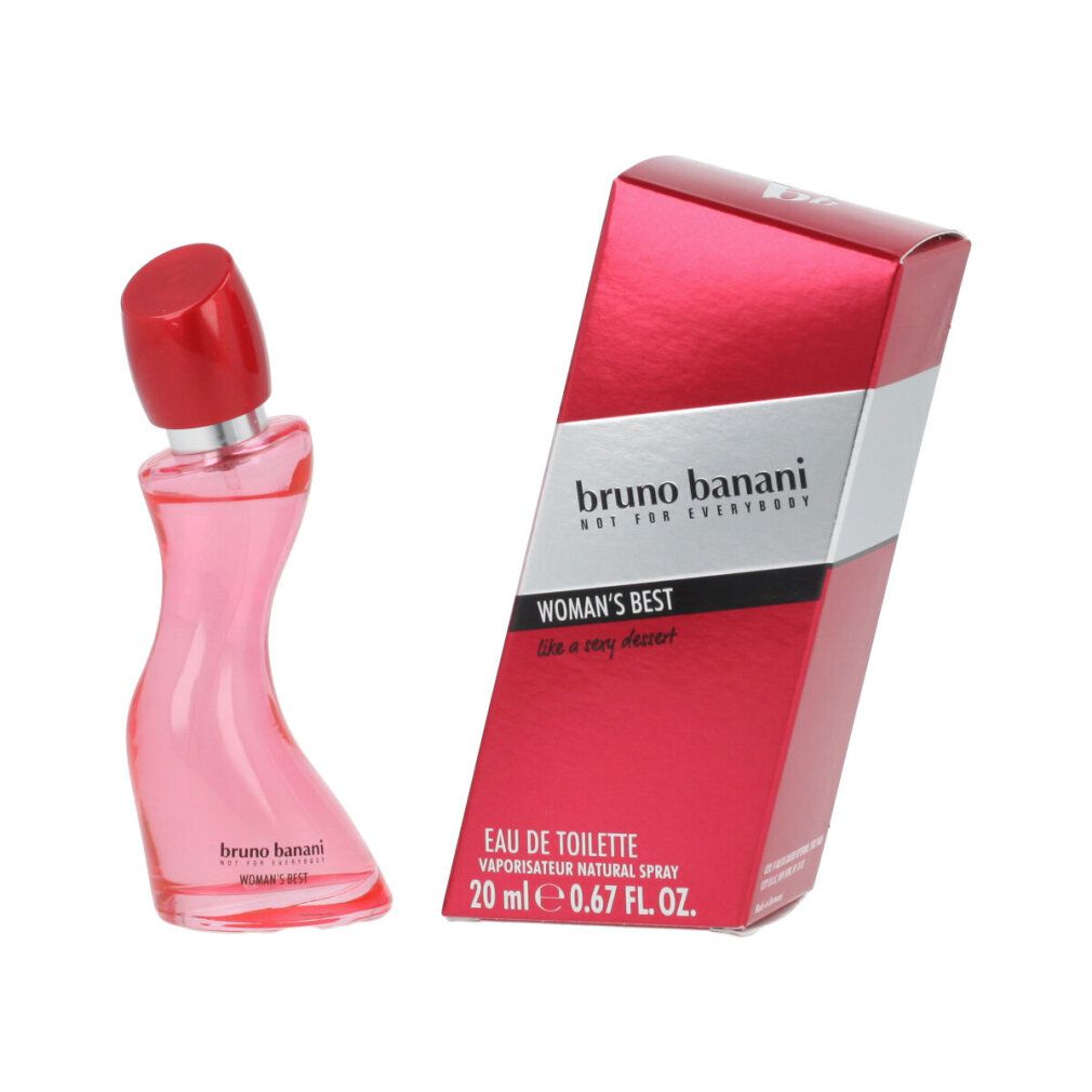 Flacone e confezione rosa. Flacone con tappo rosso, forma curva. Confezione con scritta "Bruno Banani" e "Woman's Best".