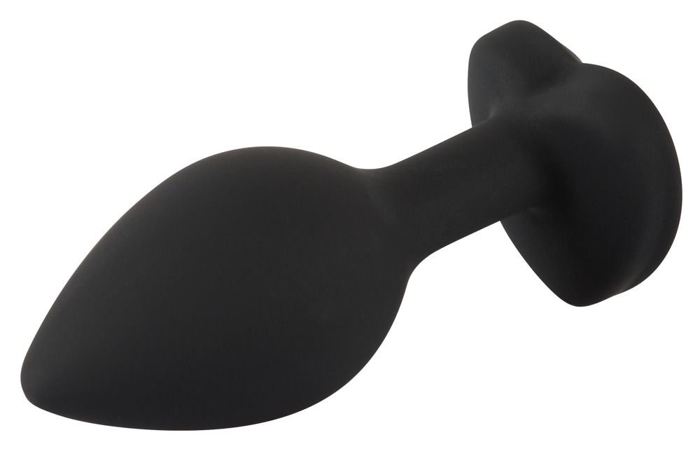 Plug anale in silicone nero con strass a forma di cuore, vista laterale.