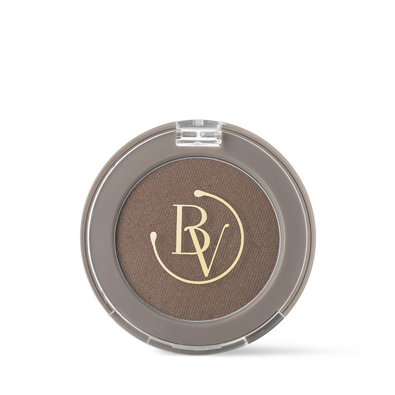 Ombretto marrone rotondo in confezione. Logo 'BV' dorato. Con coperchio trasparente.