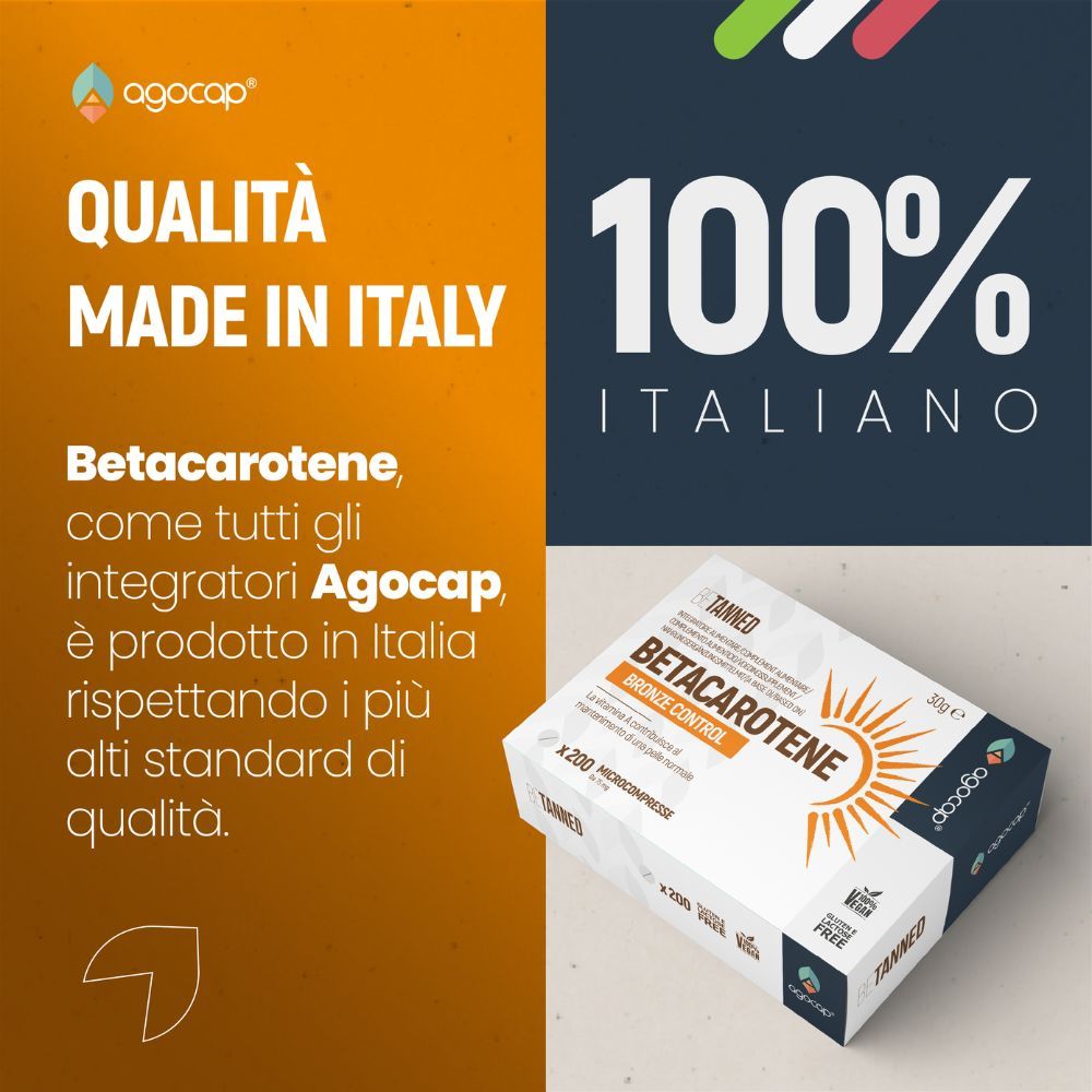 Confezione del prodotto con testo: QUALITÀ MADE IN ITALY. Beta-carotene, come tutti i prodotti Agocap, prodotto in Italia.