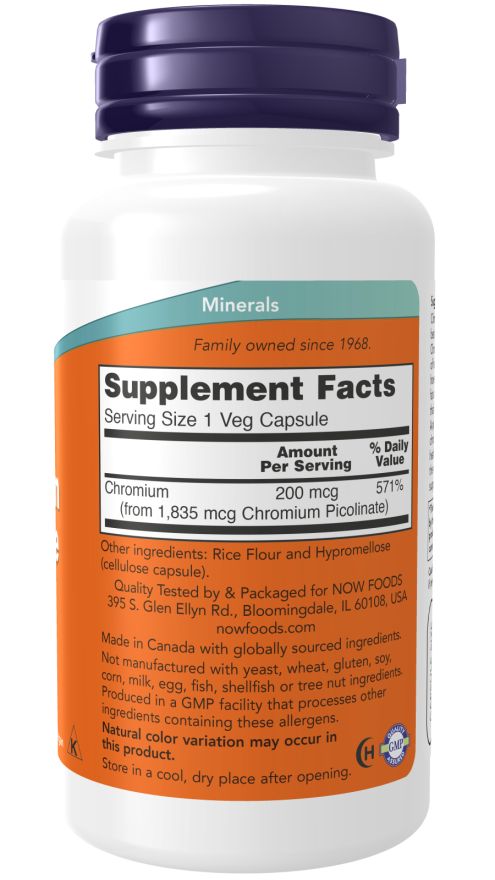 Retro del flacone. NOW FOODS. Informazioni nutrizionali. 200 mcg Cromo. Ingredienti. Prodotto in Canada.