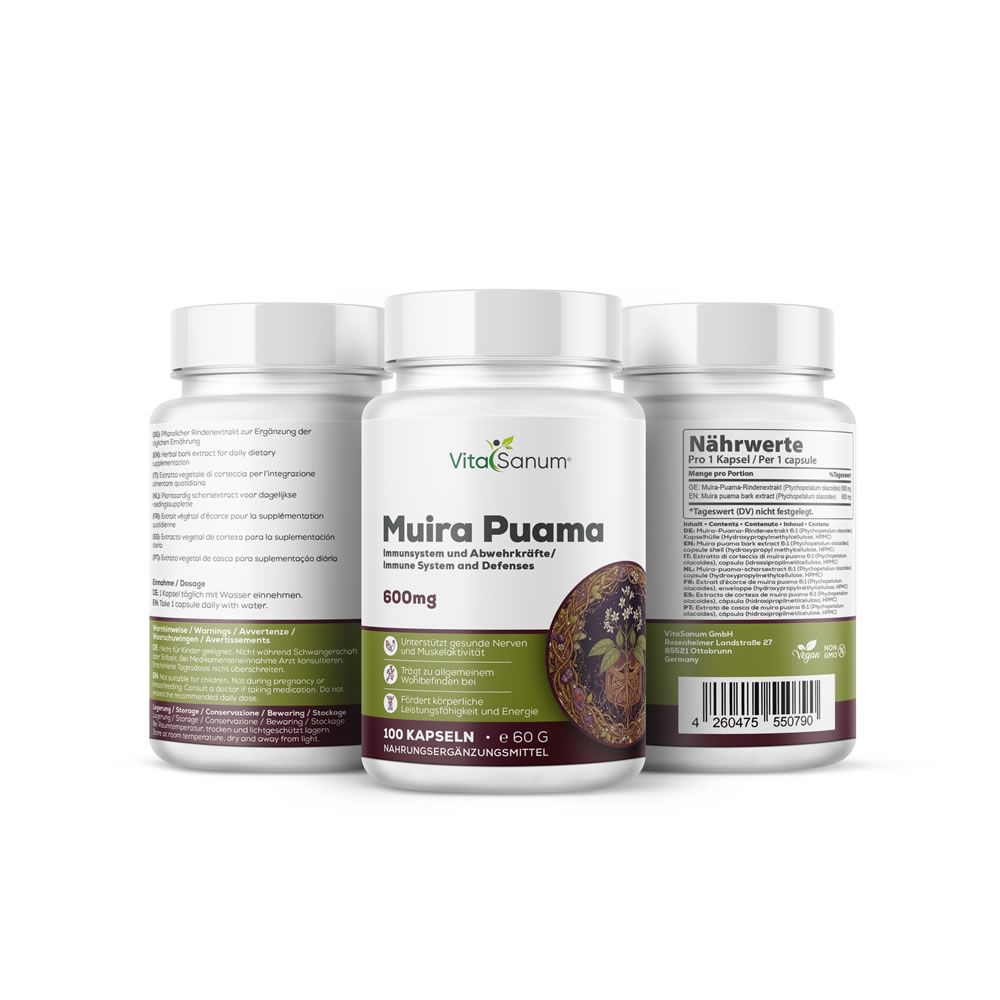 Tre flaconi di capsule VitaSanum® Muira Puama. Flaconi bianchi con etichette. 600mg, 100 capsule. Informazioni e logo.