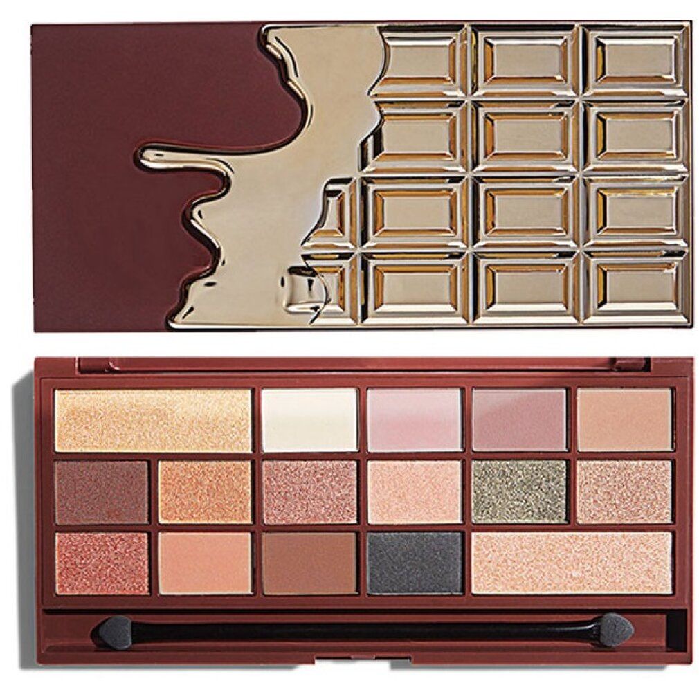 Palette ombretti con specchio e applicatore. Diverse tonalità in cialde rettangolari. Custodia marrone scuro.