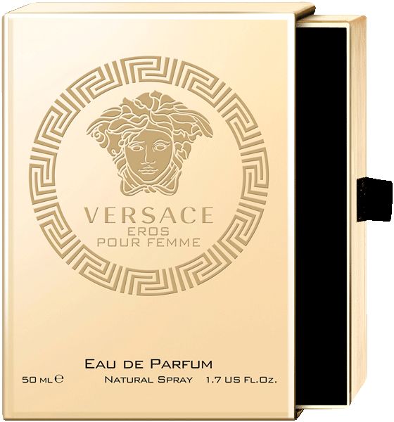 Versace Eros Pour Femme Eau de Parfum. Scatola dorata aperta con logo Medusa. Interno nero.