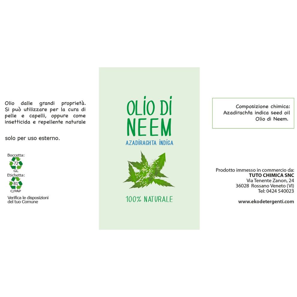 Etichetta per olio di neem con motivo a foglia e testo '100% NATURALE'.