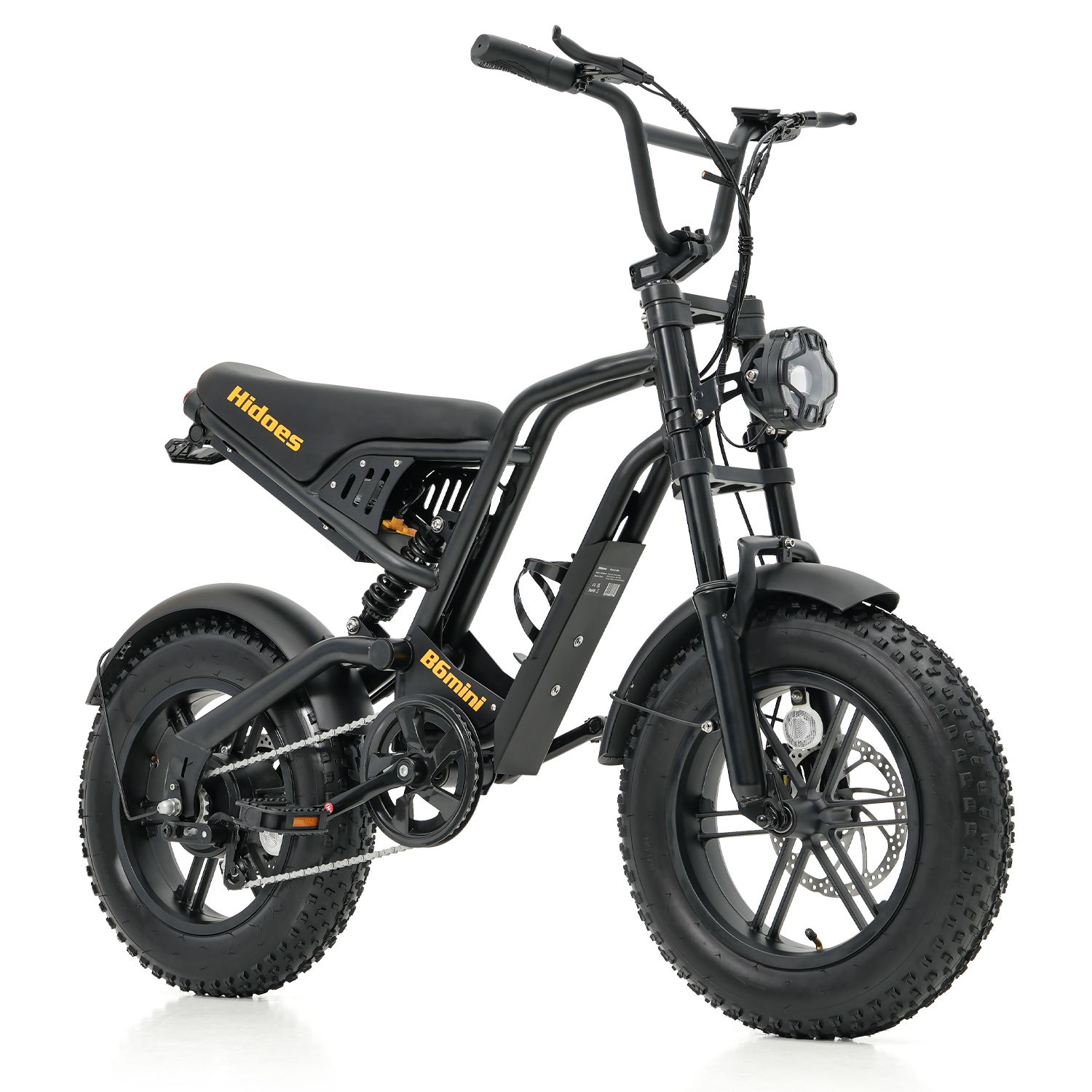E-bike da montagna nero Hidoes HD-B6mini. Vista frontale. Visibili: sella, parafanghi, pneumatici, catena, pedali, manubrio, faro, batteria.