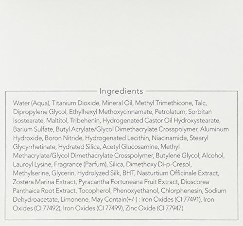 Elenco degli ingredienti su sfondo bianco. Contiene acqua, biossido di titanio, olio minerale, talco, dipropilenglicole, etilesilmetossicinnamato e altro.