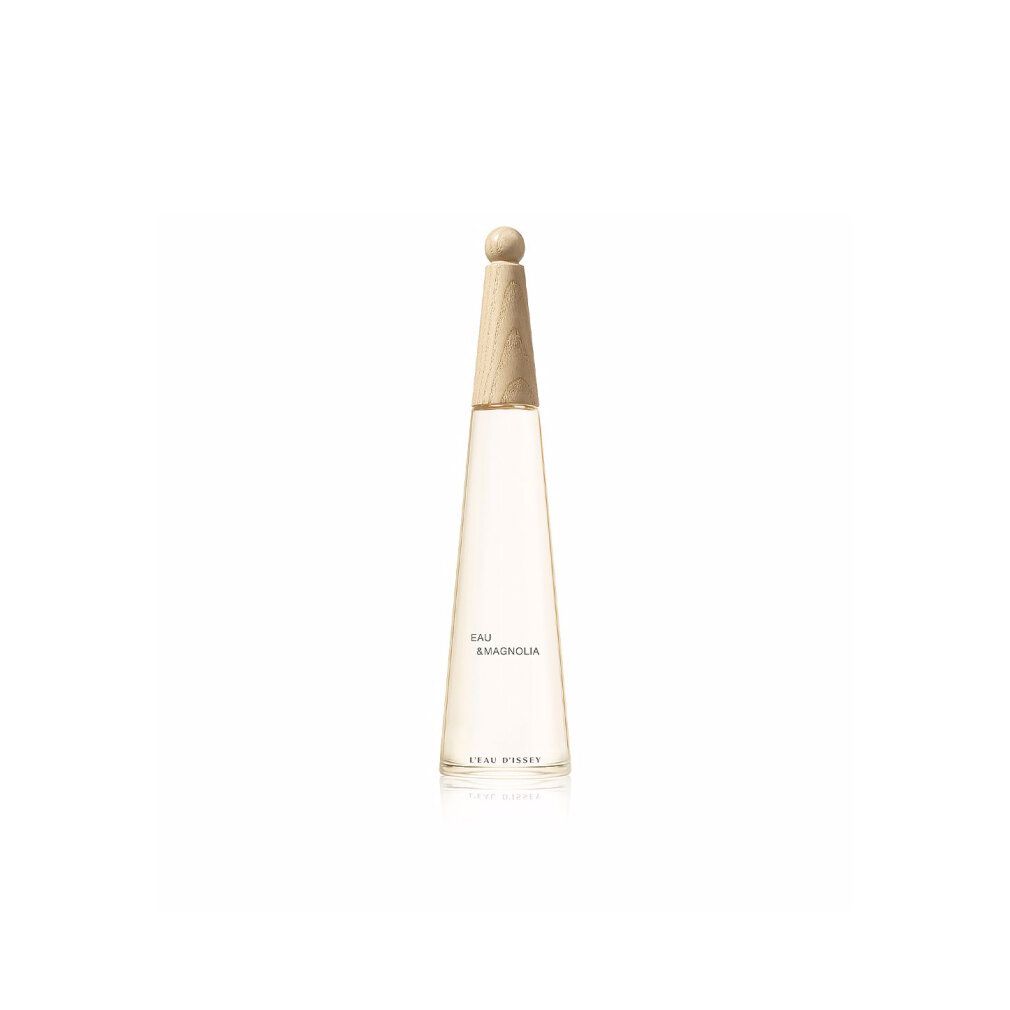 Flacone di profumo con tappo in legno. Scritta: Eau & Magnolia, L'Eau d'Issey.
