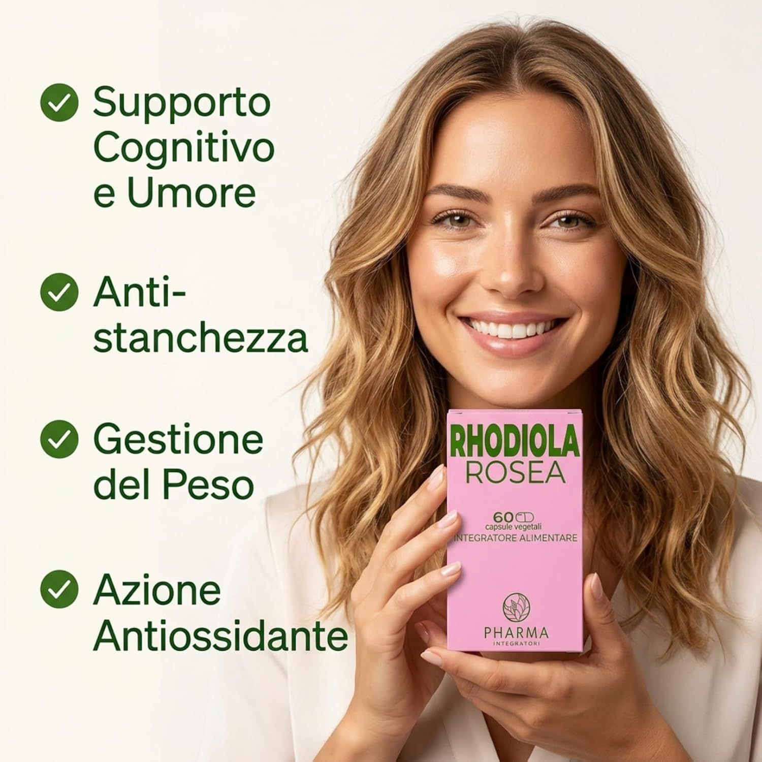 Donna tiene scatola rosa. Testo: RHODIOLA ROSEA. Cerchi verdi con testo: Supporto, Anti-stanchezza, Gestione del peso, Antiossidante.