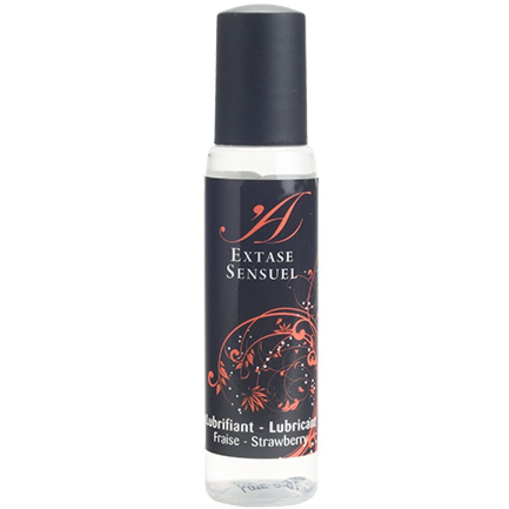 Flacone cilindrico con tappo nero. Scritta: Extase Sensuel, Lubricant Fraise-Strawberry.