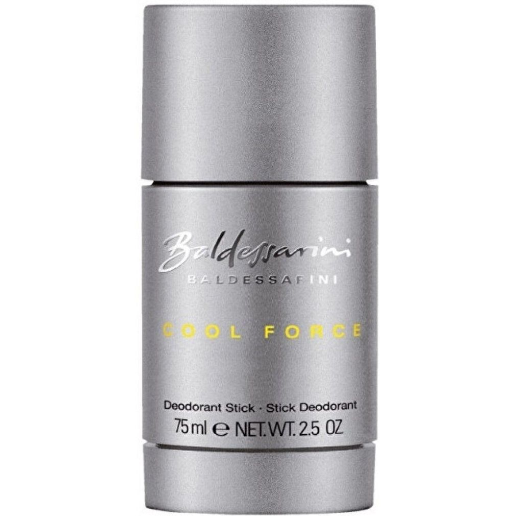 Stick deodorante argentato. Scritta 'Baldessarini' e 'Cool Force'. Indicazione 'Deodorant Stick'. 75ml.