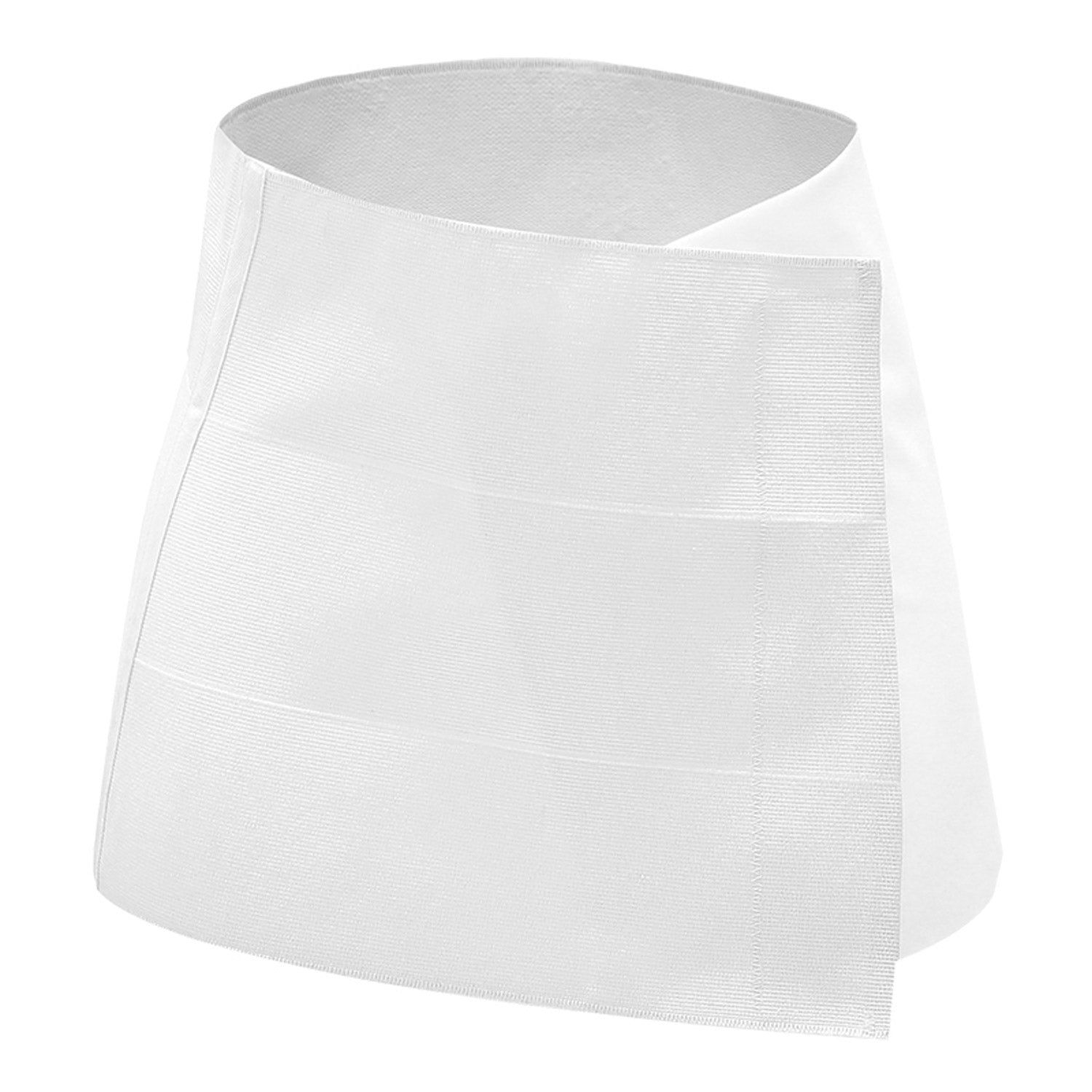 Fascia addominale bianca, arrotolata. Diverse cuciture orizzontali. Lato aperto.