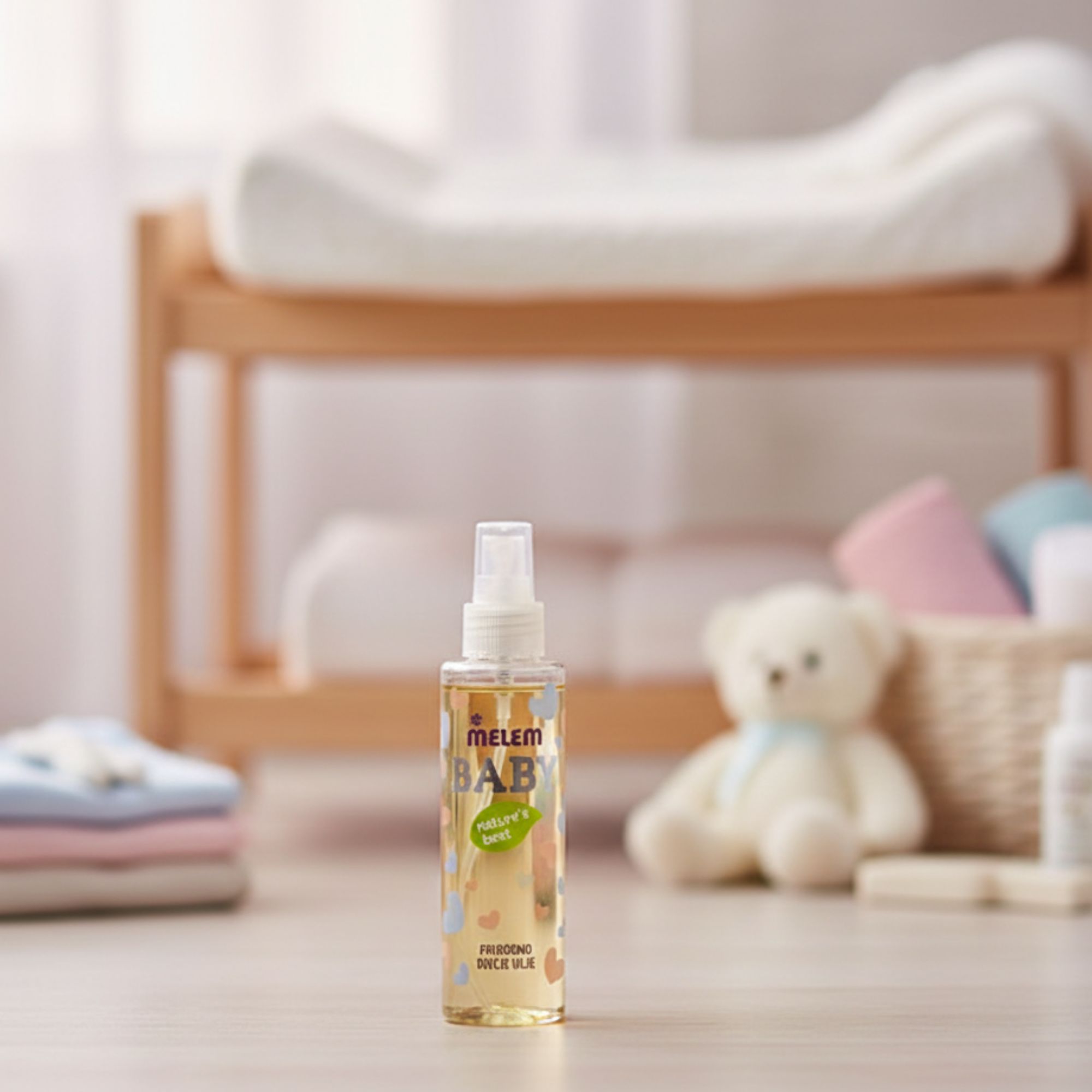 Una bottiglia di olio per bambini Melem su un tavolo. Fasciatoio e giocattoli sullo sfondo. Il nome del marchio è visibile.