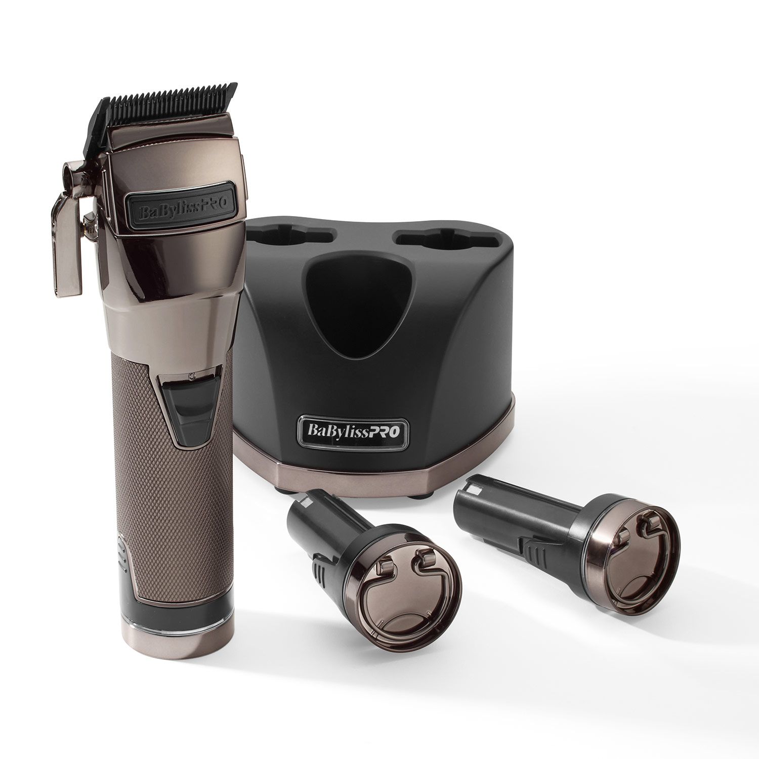 Tagliacapelli, stazione di ricarica e due batterie. Argento e nero. Logo BaBylissPRO.